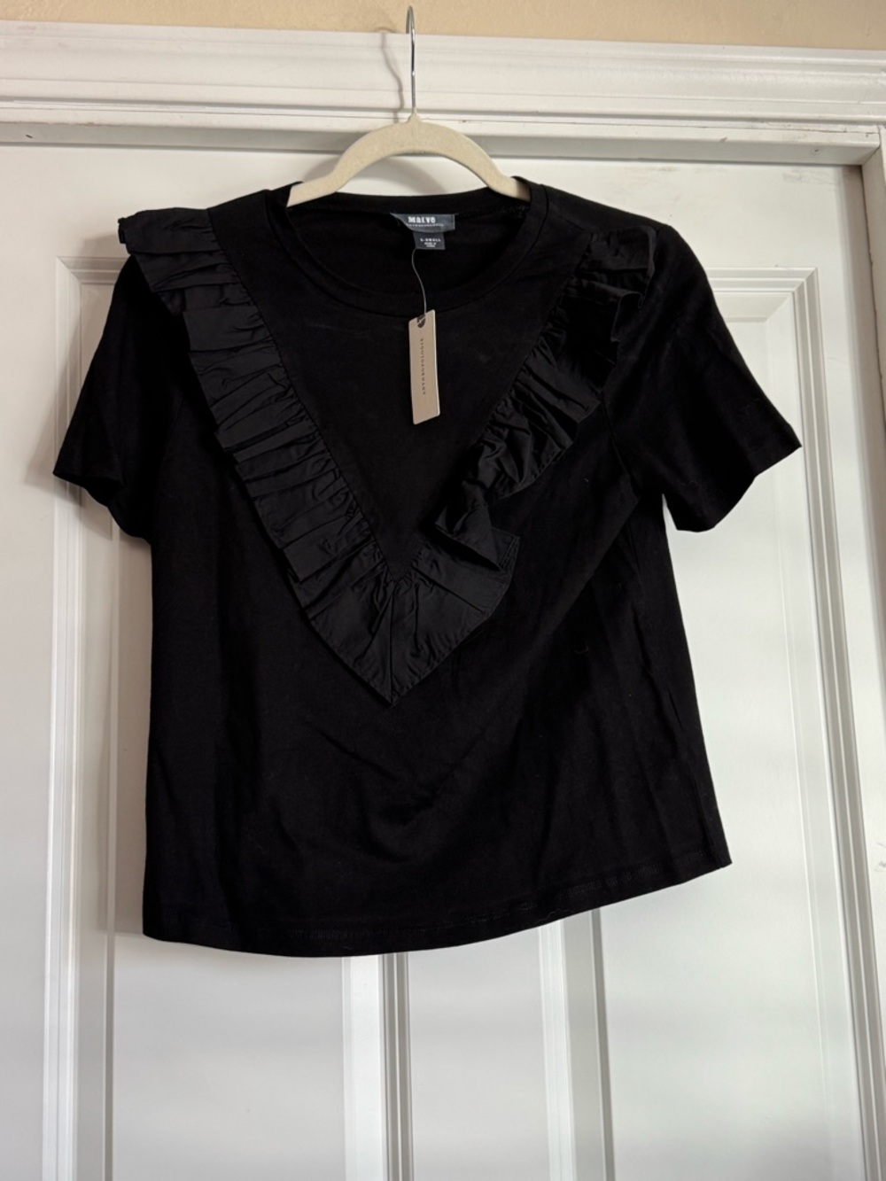 New Maeve By Anthropologie XS Extra Small Black Short Sleeve Front Ruffle Top